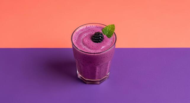 Vibrant Purple Berry Smoothie with Fresh Mint Garnish on Color Block Background photo
