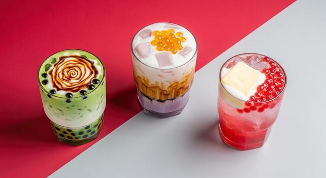 Three Colorful Layered Specialty Milk Teas with Toppings on Bright Background photo
