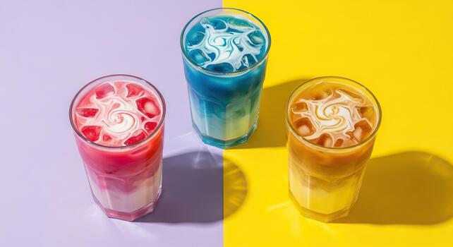 Vibrant Iced Layered Drinks with Milk Swirls on Colorful Background photo