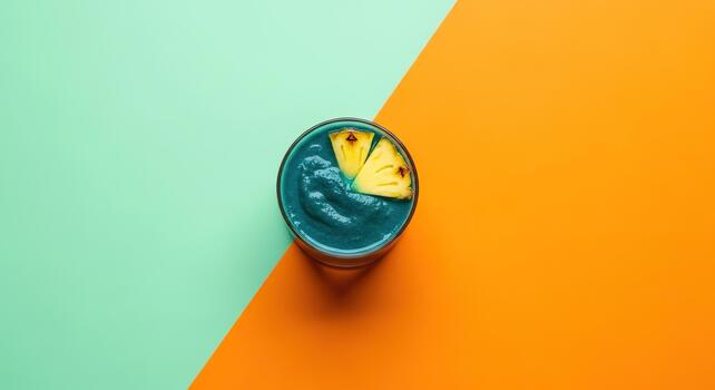 Vibrant Blue Smoothie with Pineapple Slices on Diagonal Color Block Background photo