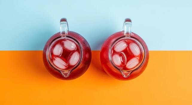 parte superior ver de dos vaso jarras con con hielo rojo bebida en color bloquear antecedentes foto