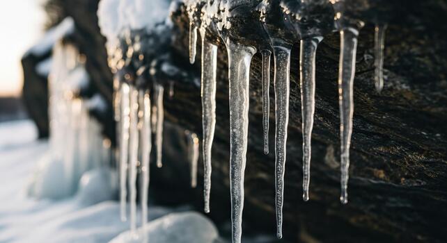 Close up of Sparkling Icicles Hanging from a Dark Rock Formation in Winter Light photo