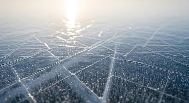 Abstract Blue Ice Surface Texture with Sunlight Reflections and Cracks photo