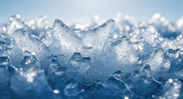 Macro close up of sharp textured ice crystals sparkling in bright winter light with bokeh background photo