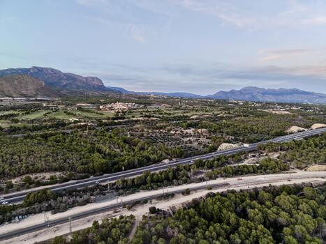 skyway with busy lanes, linear perspective showcasing modern infrastructure and seamless connectivity photo