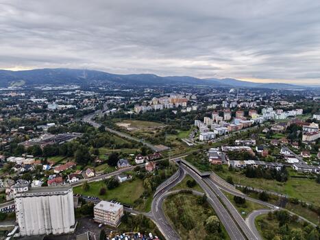 City Junction Overview, Aerial Perspective Of Complex Urban Highway And Skyscraper Intersection photo