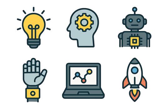 Technology and artificial intelligence icon set. Symbols of innovation, robotics, data analysis, and startup launch. vector