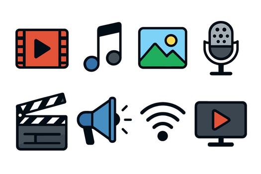 Multimedia and content creation icon set. Collection of symbols for , audio, and digital media. vector