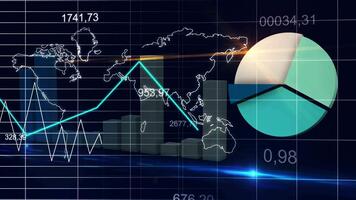 Financial Data Visualization with Graphs and Pie Chart on World Map Background. video