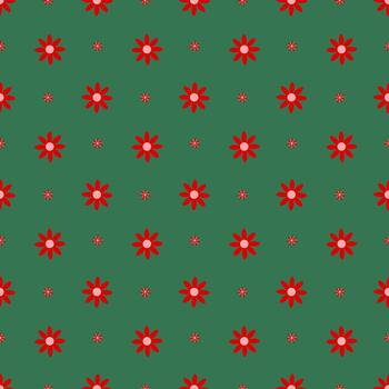 Seamless pattern with red flowers on a green background. Garment fabric, wrapping paper vector