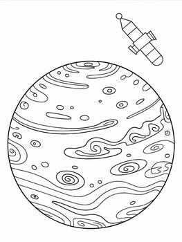 A large planet with swirling patterns is depicted in line art style. vector