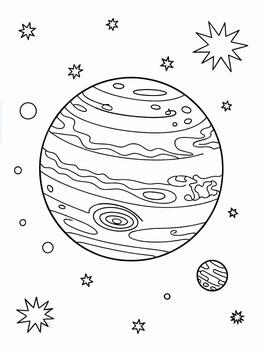 A simple line drawing depicts a planet with swirling patterns and surrounding celestial bodies. vector