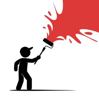 Silhouette painter using paint roller with red paint splash isolated on white background vector