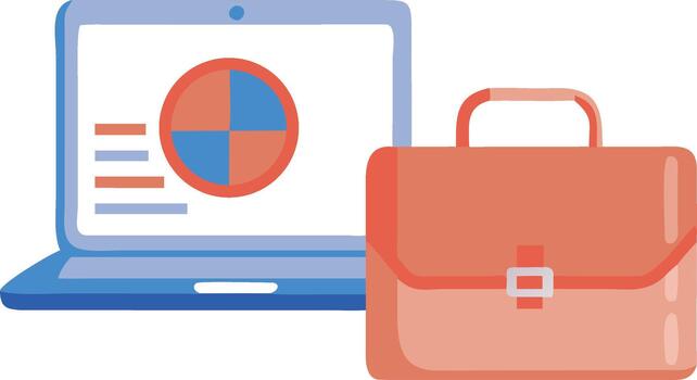 digital negocio estrategia y datos análisis concepto con un ordenador portátil mostrando un tarta gráfico siguiente a un tradicional maletín, simbolizando profesional trabajo y moderno financiero planificación vector