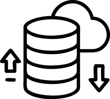 Cloud data storage and synchronization icon. Database server exchanging information with a cloud, symbolizing digital data management, secure backup, and efficient data transfer processes vector