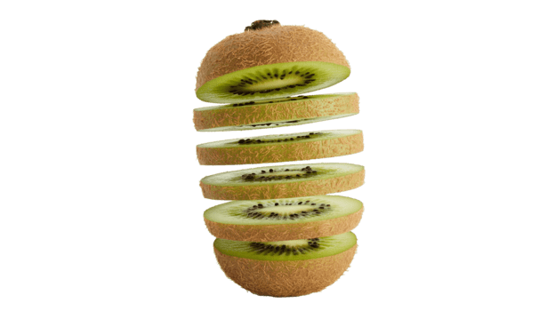 un' vicino su di un' affettato Kiwi frutta con mostrando il frutta nel separato fette su trasparente sfondo png