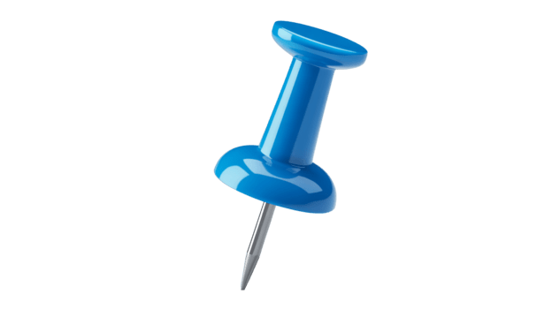 un' vicino su tiro di un' singolo blu spingere perno isolato, con acuto metallo mancia visibile su trasparente sfondo png