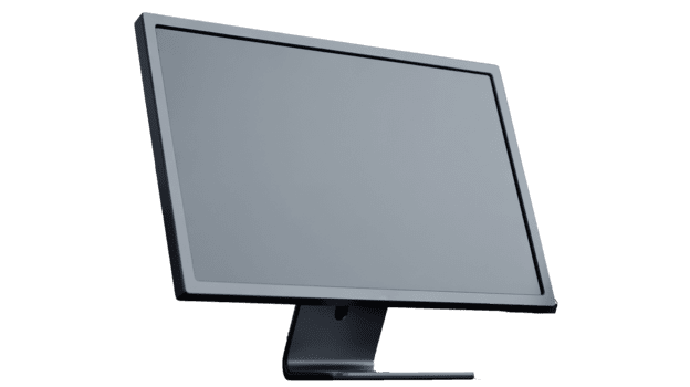A computer monitor with a gray screen is displayed in a studio setting on transparent background png