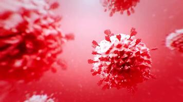 microscopico Visualizza di rosso coronavirus particelle galleggiante nel un' fluido medio. video