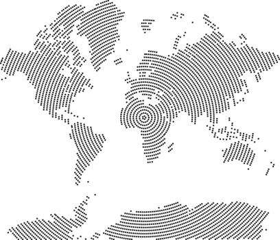 World map in geometric dotted round info graphic shape pattern focusing country and continent of the universal geography. Abstract global data and interconnected circle dot grid pattern view vector