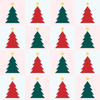 Repeating pattern of red and green Christmas trees with yellow stars vector