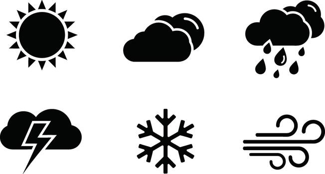 Black glyph weather icons sun, clouds, rain, lightning, snow, wind. Essential symbols for UI design, apps, and meteorological graphics vector