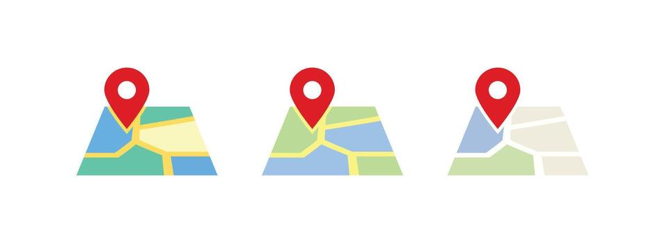 et de ubicación mapa íconos con rojo patas. GPS, viaje navegación, cartografía, ruta, tierra posicionamiento simbolos ubicación puntero alfiler en un sencillo mapa. destino símbolo, global posicionamiento sistema vector