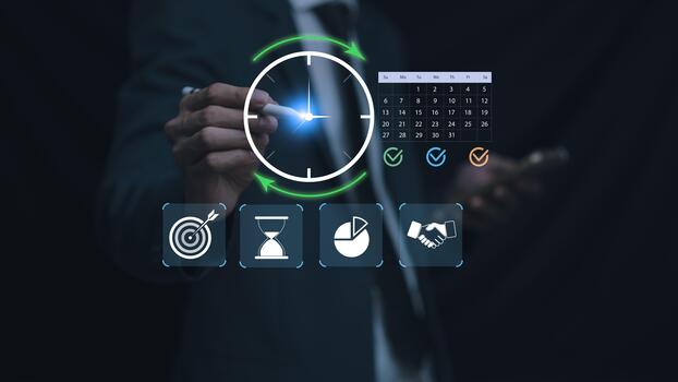 hora administración concepto demostración un negocio profesional interactuando con un digital reloj, calendario, y productividad iconos moderno flujo de trabajo planificación, Planificación, estrategia, y eficiencia mejora. foto