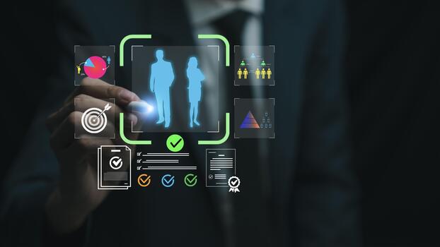 ai impulsado reclutamiento concepto demostración candidato selección, demográfico analítica, habilidad evaluación, y inteligente contratación flujo de trabajo. moderno hora tecnología para digital reclutamiento, empleado análisis foto