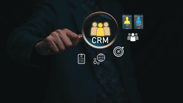 un negocio concepto imagen demostración crm administración con un aumentador vaso destacando cliente datos, analítica, y flujo de trabajo iconos, representando cliente relación estrategia, digital herramientas foto
