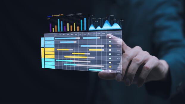 A digital project management concept showing a futuristic Gantt chart and yearly performance dashboard, representing workflow planning, progress tracking, data analytics, and efficient project photo