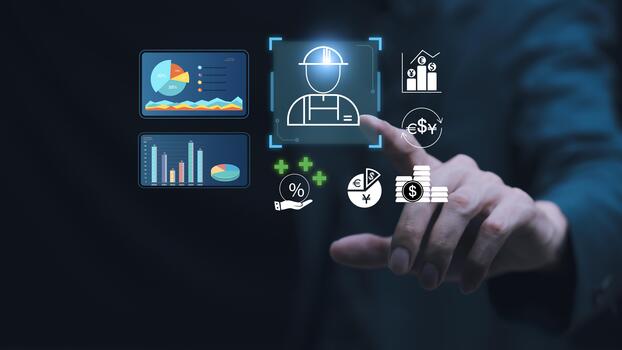 A financial workforce analytics concept highlighting employee selection, economic data visualization, investment insights, and operational decision-making using digital dashboards and performance photo