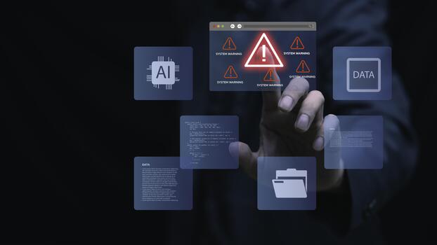 AI system warning concept with hologram alerts, data panels, and error notifications above a man hand, symbolizing cybersecurity risk, system failure, data protection, and modern digital security photo