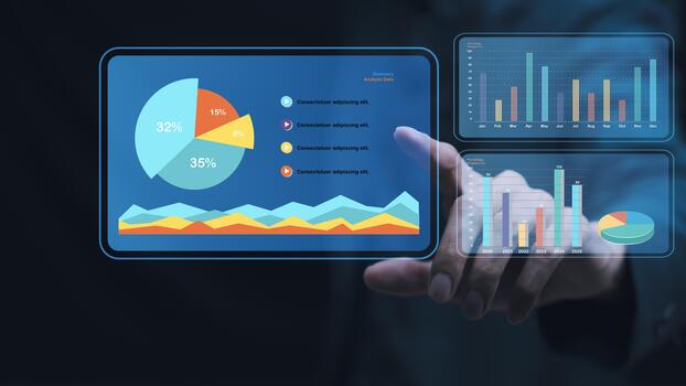 Data analysis concept showing interactive charts and dashboards, highlighting digital analytics, business intelligence, and performance insights for strategic decision-making. photo
