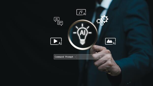 un negocio mano utilizando un aumentador vaso a realce un ai innovación icono, representando artificial inteligencia ideas, digital soluciones, automatización, inteligente tecnología, y moderno basado en datos foto