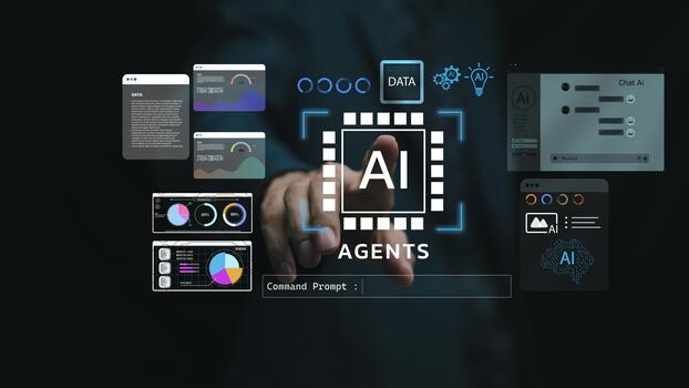A futuristic AI agents interface showing data dashboards, analytics widgets, and automation icons with a hand pointing at the central AI module. Perfect for concepts of automation, data intelligence photo