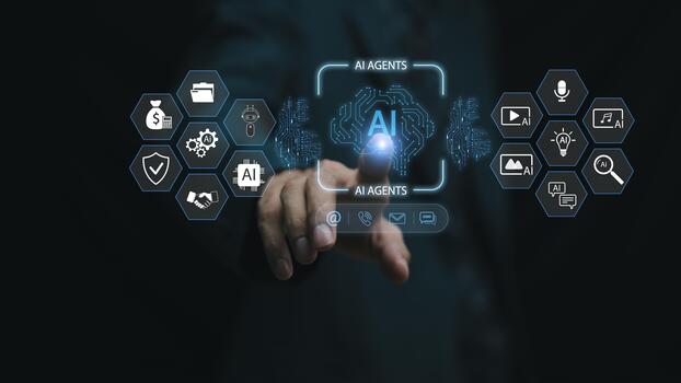 AI agents concept with hologram icons of automation, digital tasks, data processing, and intelligent tools around a man hand, symbolizing smart workflows, business automation, modern AI technology photo
