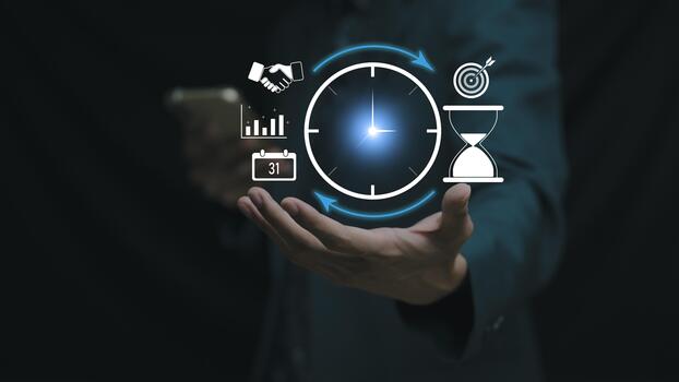 un digital hora administración concepto presentando un brillante reloj, reloj de arena, calendario, y productividad iconos, simbolizando Planificación, flujo de trabajo planificación, negocio eficiencia estratégico hora mejoramiento foto