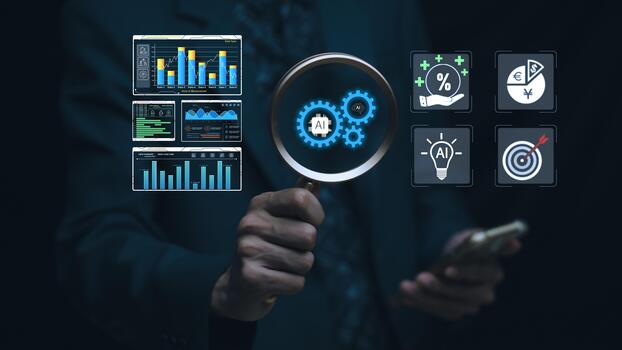 AI analytics concept with magnifying glass highlighting artificial intelligence gears, financial dashboard charts, KPI metrics, automation icons, and data analysis representing business intelligence photo