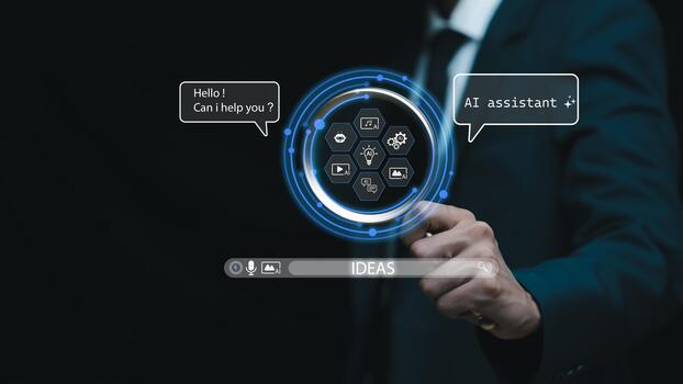 Futuristic AI assistant interface with glowing chatbot icons and search bar, showing intelligent conversation support, automation, and digital interaction technology for modern business solutions. photo