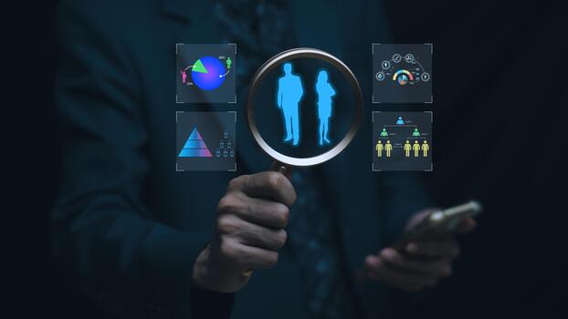 Digital demographic analysis concept showing hologram icons of population data, segmentation charts, and user structure above a man hand, representing data analytics, audience insights, and modern photo
