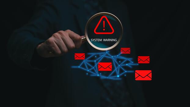 A digital system warning concept showing a magnifying glass highlighting red alert icons and email threats across a connected network, representing cybersecurity risk, data breach detection photo