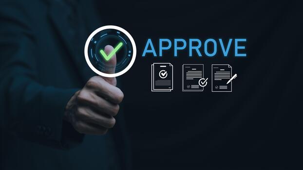 Digital approval concept with a glowing checkmark and thumbs-up symbolizing authorization, verification, document approval, and secure business workflow in modern digital platforms. photo