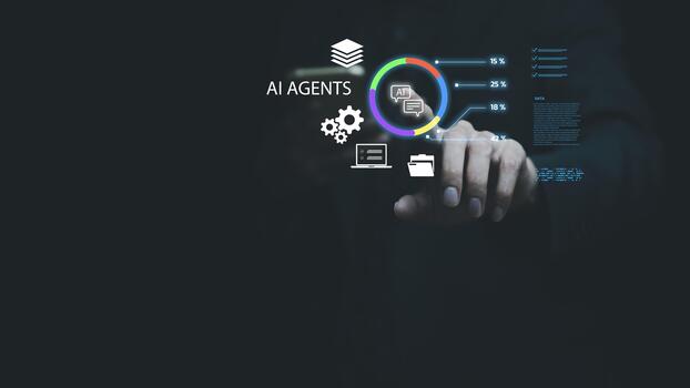 AI agents concept with hologram icons of automation, workflow, and data processing above a man hand, symbolizing intelligent systems, business automation, digital productivity, and modern technology photo