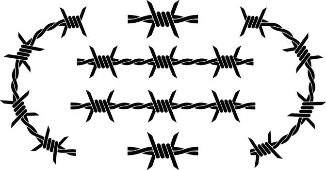 Barbed wire silhouette set with sharp thorn borders and fence elements for security designs vector