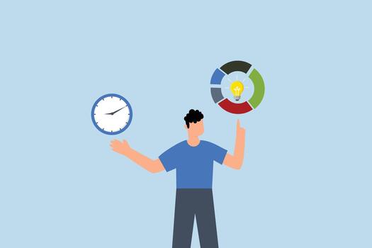 hora gestión, empresario participación hora reloj con tarta gráfico rutina vector