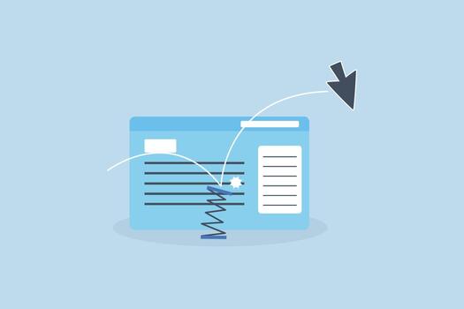 Website bounce rate, mouse pointer fall and bounce on trampoline on website page vector