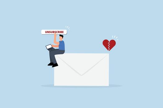 Unsubscribe email exit from mailing list, businessman working with computer laptop push unsubscribe button vector