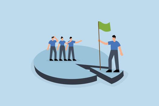 Niche market, entrepreneur positioned on compact section of pie chart symbolizing niche market segment vector