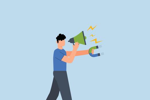 entrepreneur yelling into megaphone while using magnet to draw in customers vector